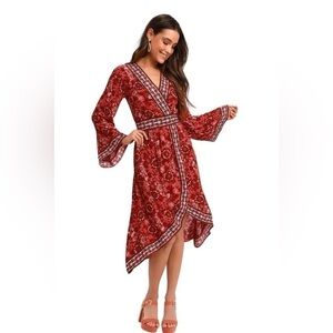New Lulus Daydream Red Floral Print Bell Sleeve
Dress, New with out Tags